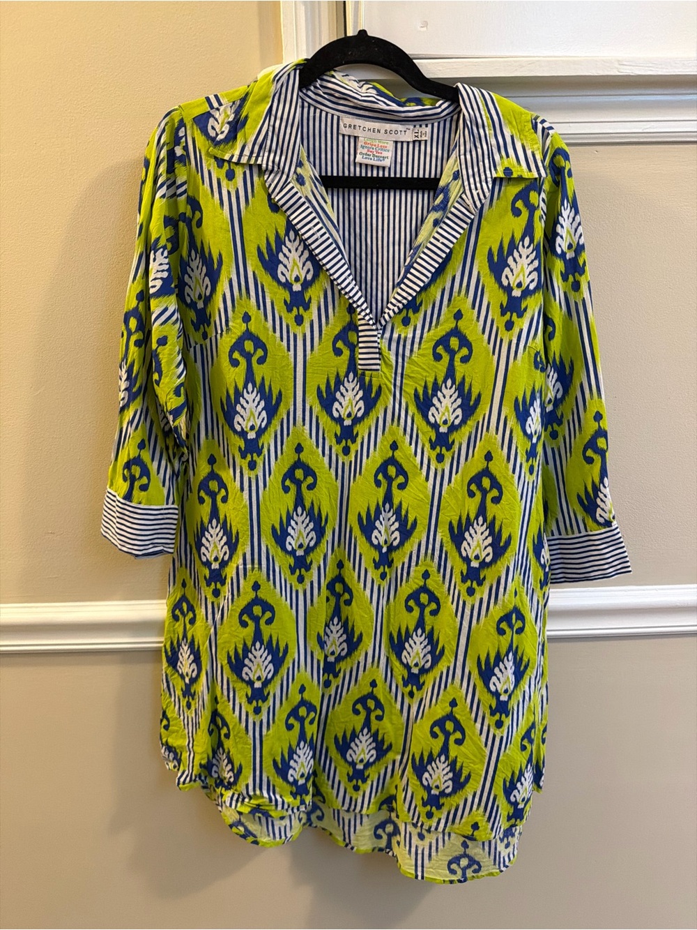 Lime & Blue Ikat Print Tunic V-Neck Dress